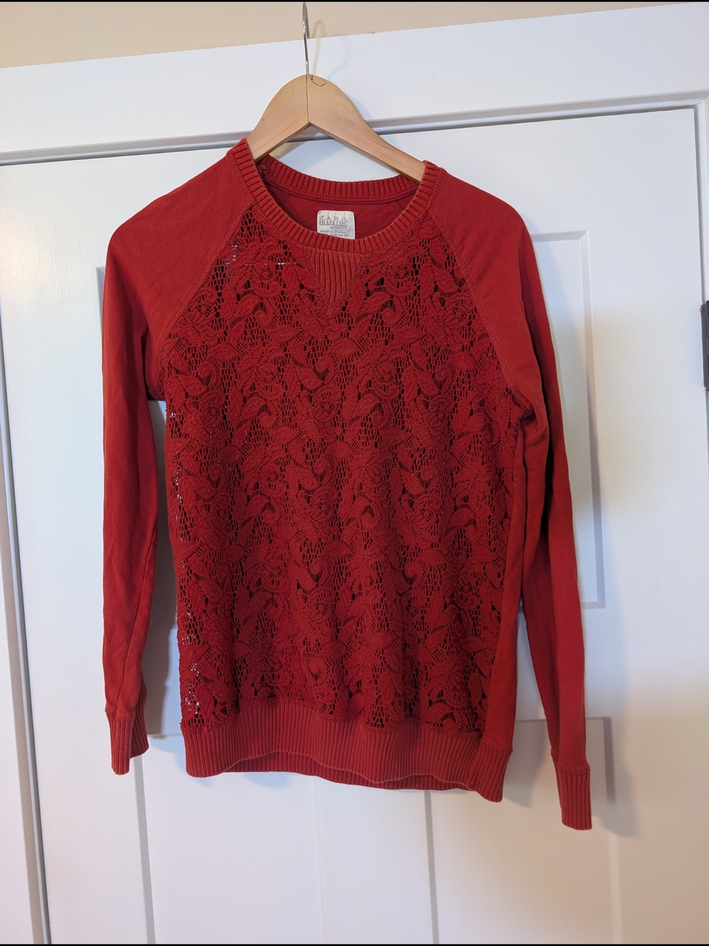 Zara Red Lace-Front Crewneck Sweater